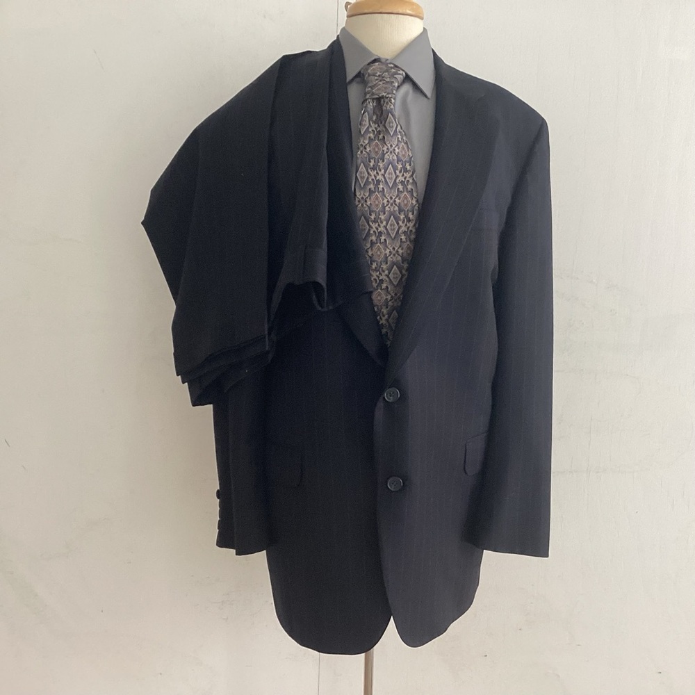Norman Hilton Vintage Black with Blue Pinstripe Suit 48R